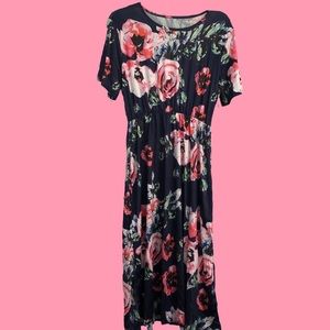 VTG Navy Midi Flower Print Dress Sz XXL